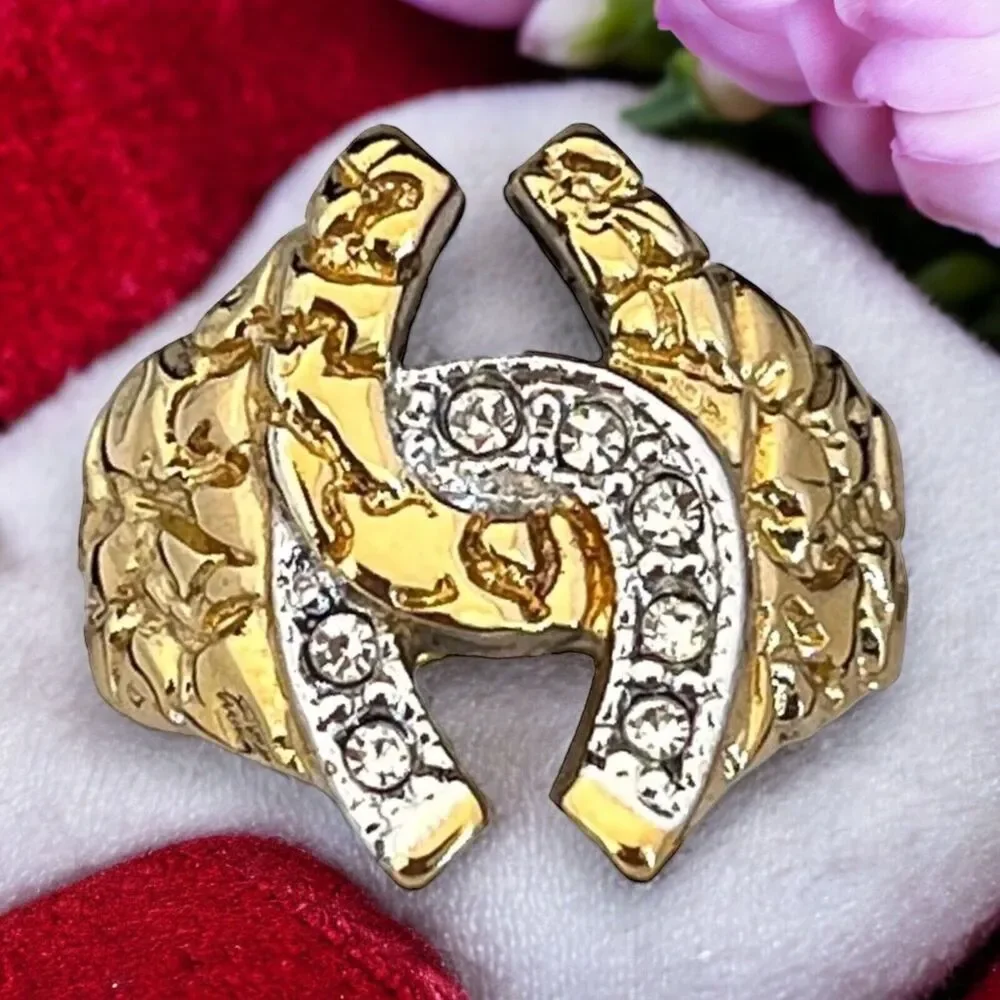 Vintage 1980s Ring Size 9 Horseshoe Nugget Textured CZ Gold Plated - 14P